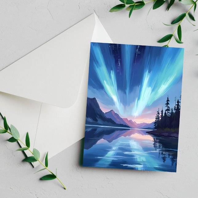 Northern Lights Lake Reflection Night Sky Card (Creator Uploaded)