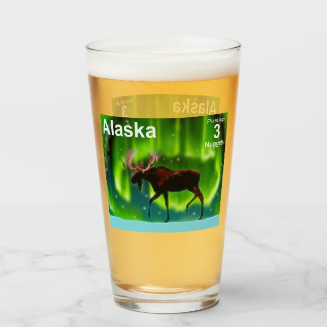 Northern Lights Moose - Alaska Postage Glass (Front Filled)