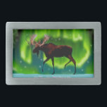 Northern Lights Moose Rectangular Belt Buckle<br><div class="desc">An ever so slightly stylized image of a moose silhouetted against the Northern Lights.</div>