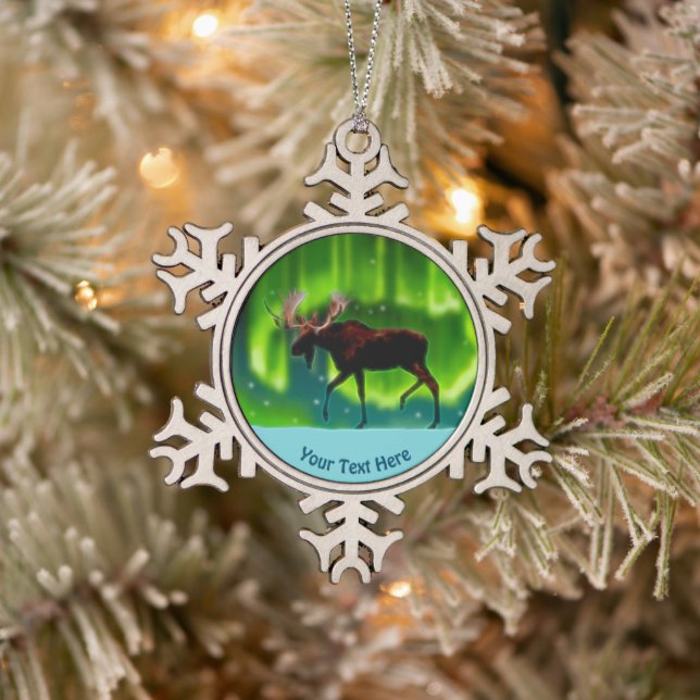 Northern Lights Moose Snowflake Pewter Christmas Ornament (Tree)