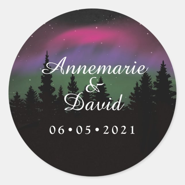 Northern Lights Mountaintop Stars Wedding Favour Classic Round Sticker (Front)