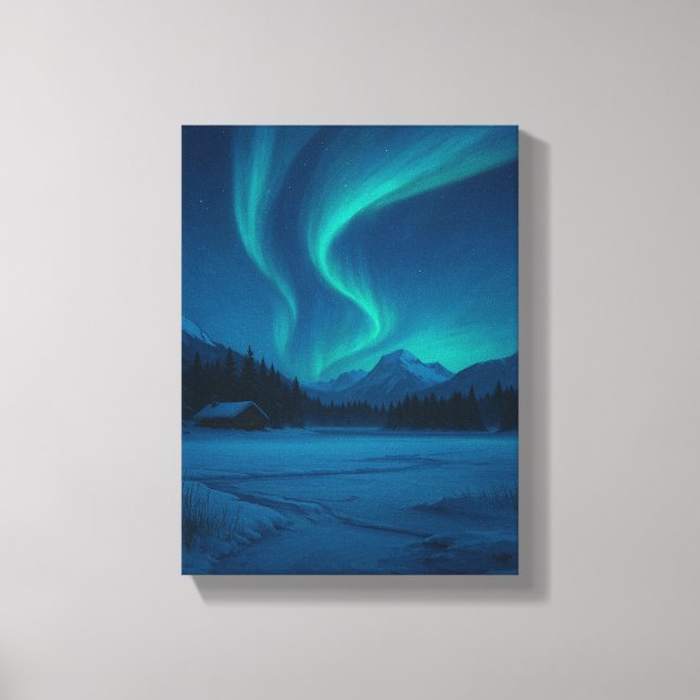 Northern Lights Over Frozen Cabin Canvas Print (Front)