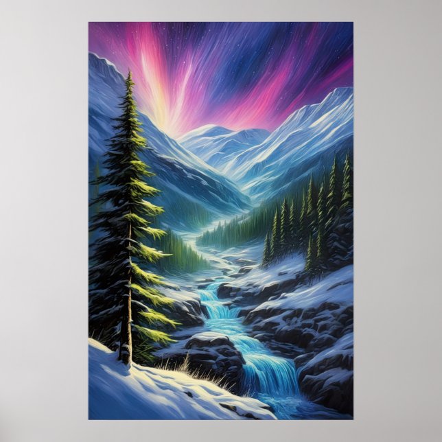 Northern Lights Over Frozen Valley Poster (Front)