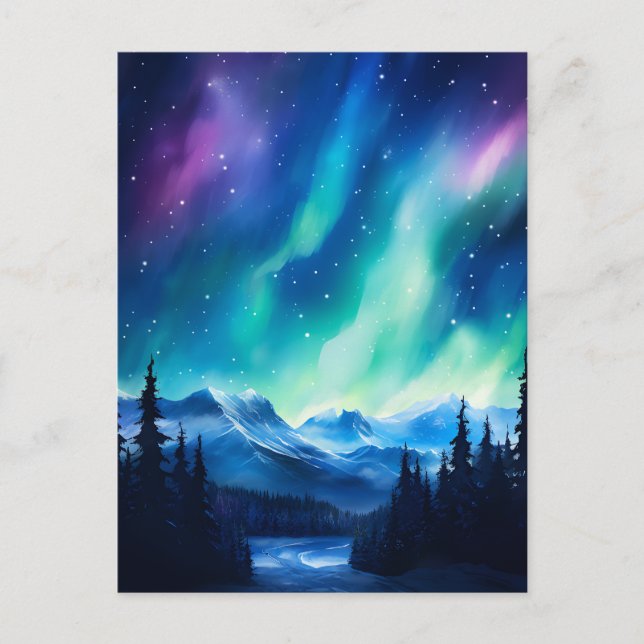 Northern Lights Over Mountains Scenic Postcard (Front)