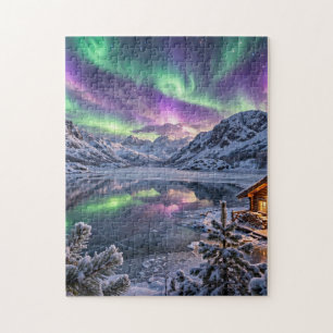 Northern Lights Over Snowy Mountains Jigsaw Puzzle
