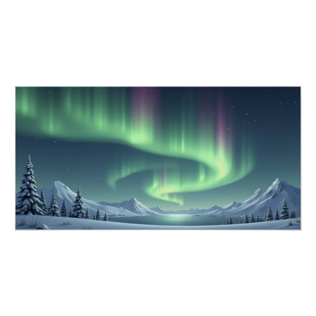Northern Lights Over Snowy Mountains Poster (Front)