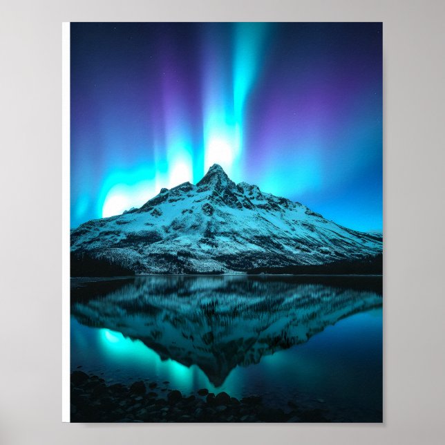 Northern Lights Over Snowy Mountains Poster (Front)