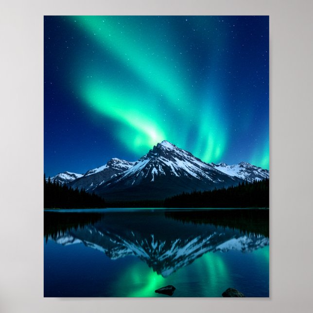 Northern Lights Over Snowy Mountains Poster (Front)