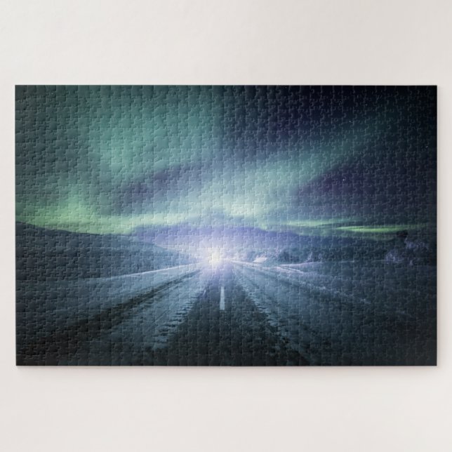 Northern Lights Road Finland Jigsaw Puzzle (Horizontal)