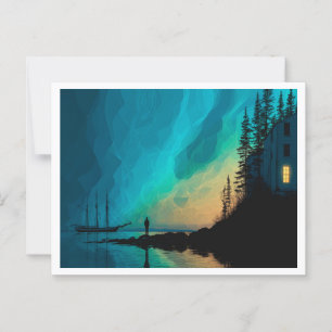 Northern Lights, sloop by the sea, interior light Postcard