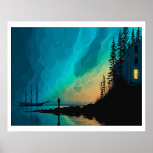 Northern Lights, sloop by the sea, interior light Poster