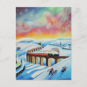 Northern lights train landscape painting postcard