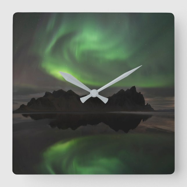 Northern Lights | Vestrahorn Beach Hofn, Iceland Square Wall Clock (Front)