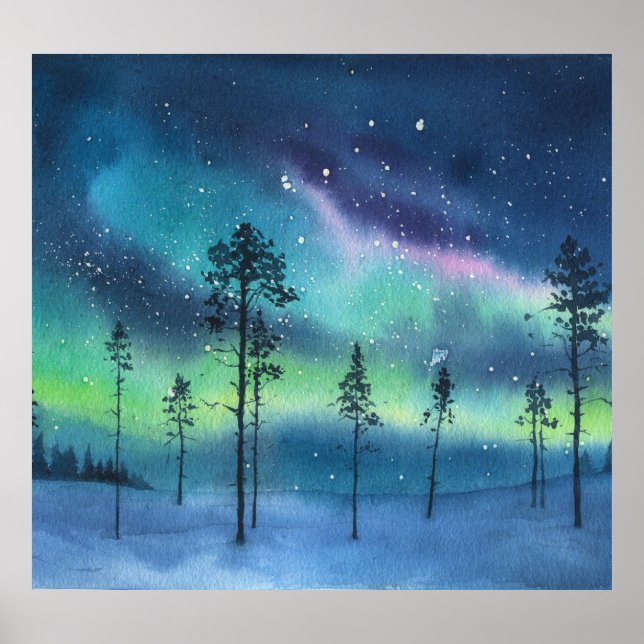 Northern lights, watercolor landscape poster (Front)