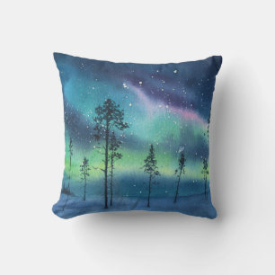 Northern lights, watercolor landscape throw pillow