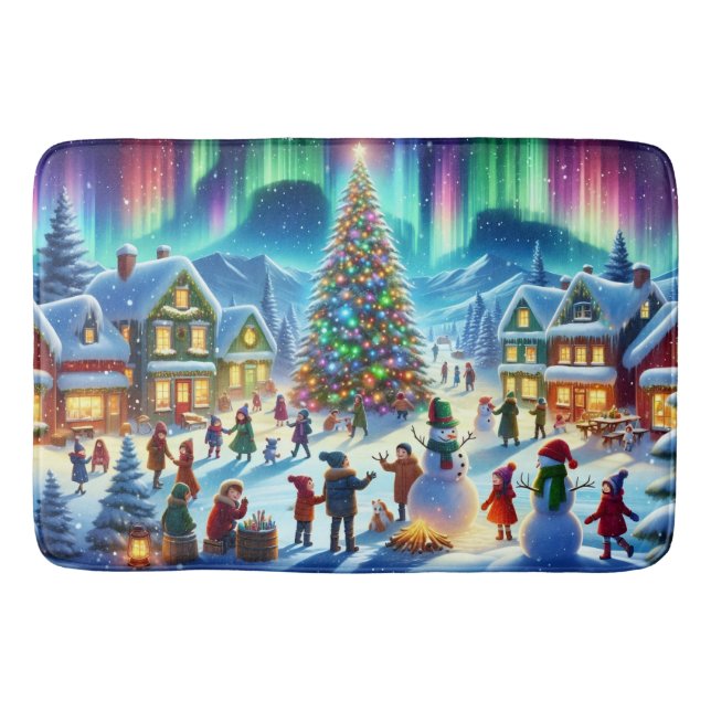 Northern Lights Winter Christmas Celebration Bath Mat (Front)