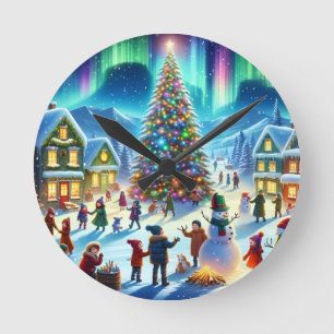 Northern Lights Winter Christmas Celebration Round Clock