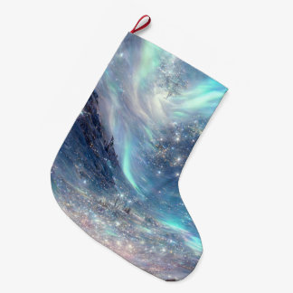 Northern Lights Winter Scene Happy Holidays Large Christmas Stocking