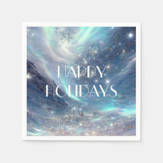 Northern Lights Winter Scene Happy Holidays Napkin