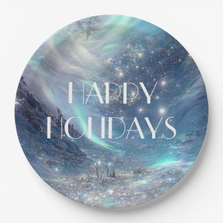 Northern Lights Winter Scene Happy Holidays Paper Plate