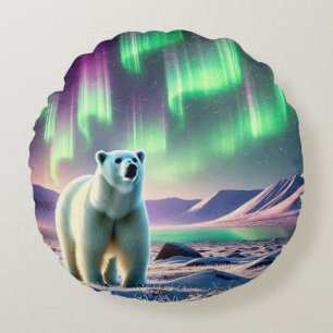 Northern Lights with Polar Bear – Winter Serenity  Round Pillow