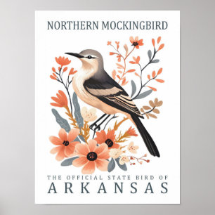 Northern Mockingbird Bird of Arkansas USA Travel Poster