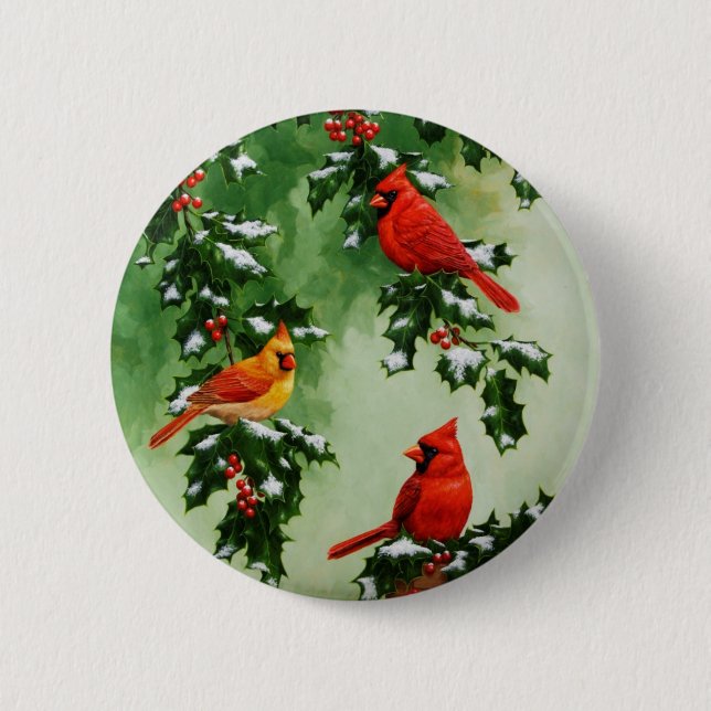 Northern Red Cardinals and Holly 2 Inch Round Button (Front)