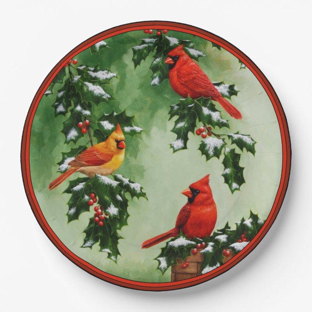 Northern Red Cardinals and Holly Paper Plate (Front)