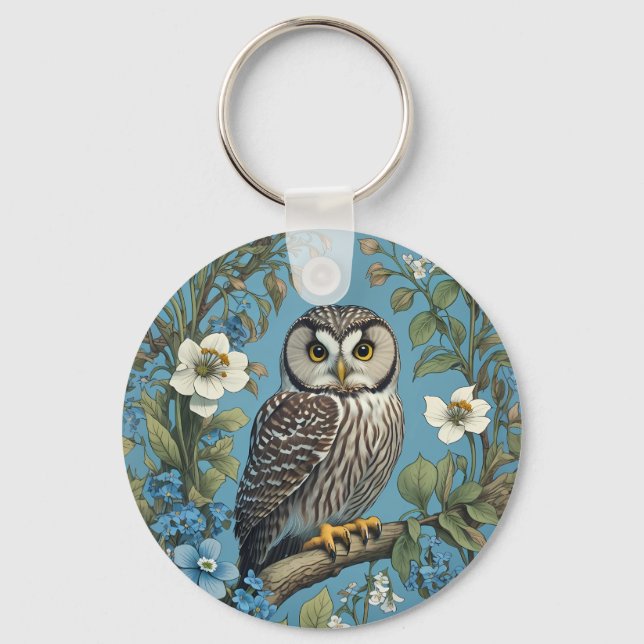 Northern Saw-Whet Owl William Morris Inspired Keychain (Front)