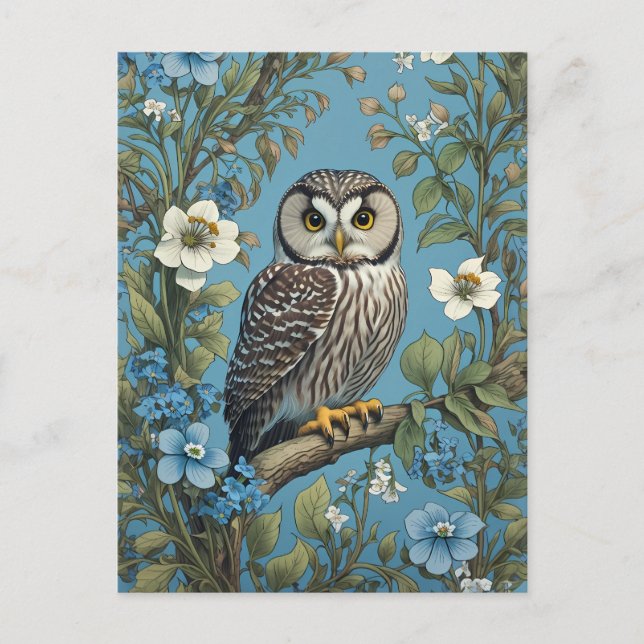 Northern Saw-Whet Owl William Morris Inspired Postcard (Front)