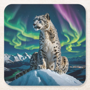 “Northern Sky Wanderer” – Snow Leopard Portrait Square Paper Coaster