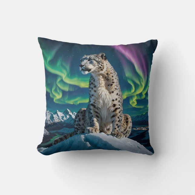 “Northern Sky Wanderer” – Snow Leopard Portrait Throw Pillow (Front)