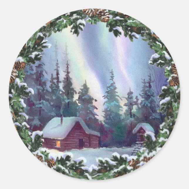 NORTHERNLIGHTS LOG CABIN & WREATH by SHARON SHARPE Classic Round Sticker (Front)