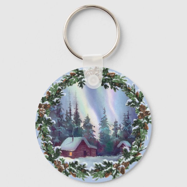 NORTHERNLIGHTS LOG CABIN & WREATH by SHARON SHARPE Keychain (Front)