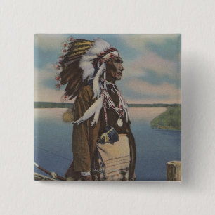 Northwest Indian Chief in Full Regalia 2 Inch Square Button
