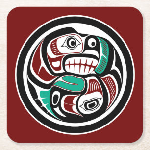 Northwest Pacific coast Otter chasing Salmon Square Paper Coaster