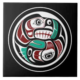 Northwest Pacific coast Otter chasing Salmon Tile