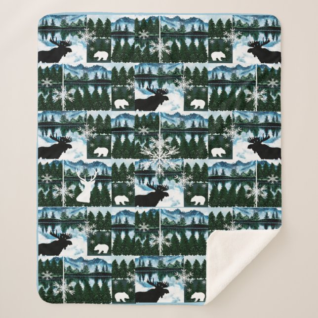 Northwoods Mountains Forest Landscape Med Sherpa B Blanket (Front)