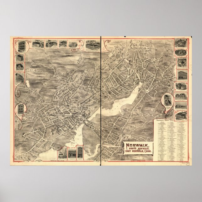 Norwalk Connecticut Antique Panoramic Map Poster (Front)