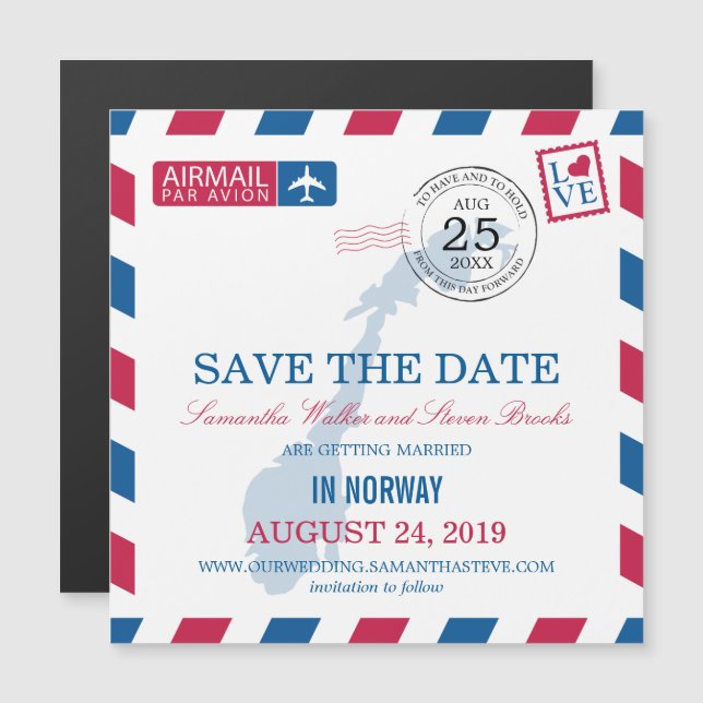 Norway Airmail Save the Date Magnetic Invitation (Front/Back)