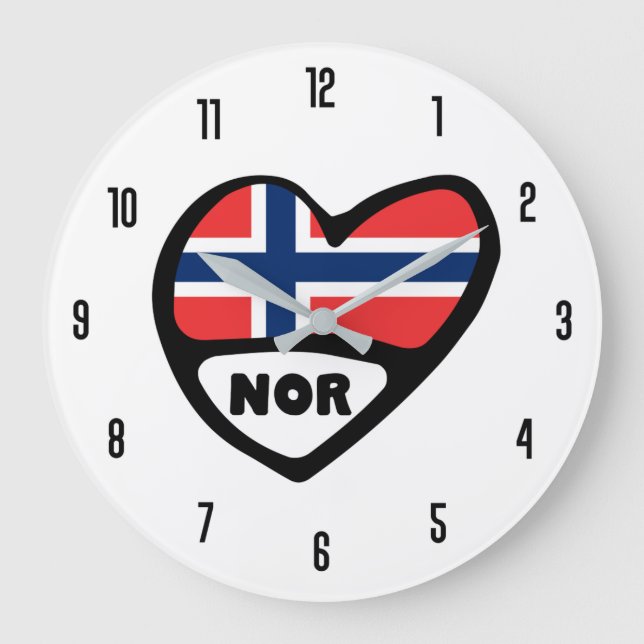Norway Country Code NOR Flag Heart Large Clock (Front)