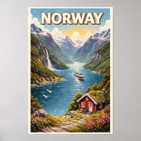 Norway Fjord Illustration Travel Art Vintage