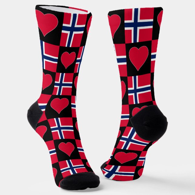 Norway Flag Heart Pattern Fun Norwegian Pride Socks (Angled)