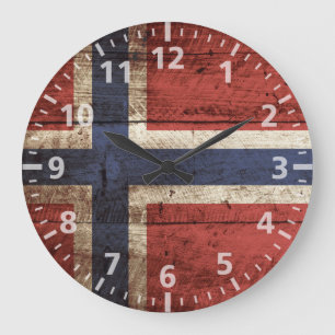 Norway Flag on Old Wood Grain Large Clock