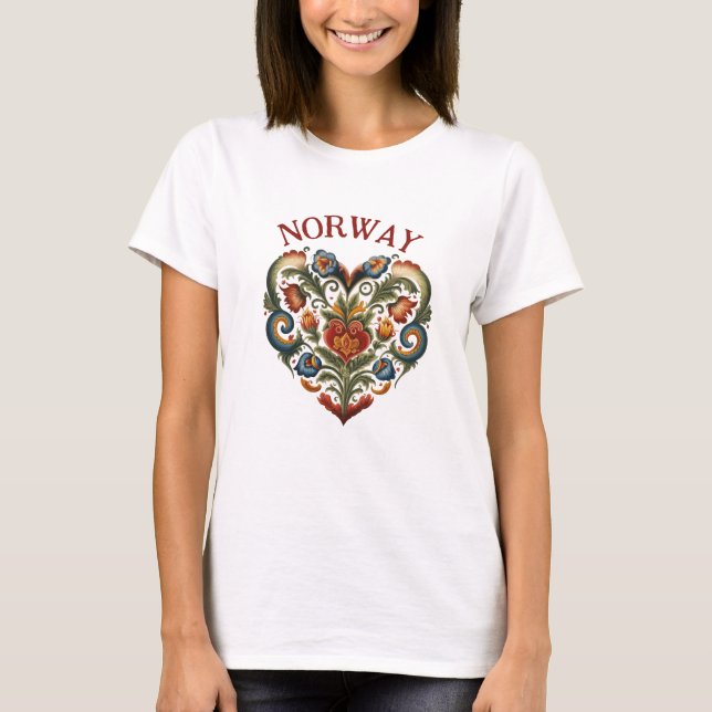 Norway Rosemaling Folk Art Heart  T-Shirt (Front)