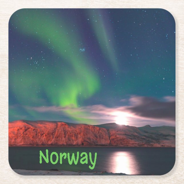 Norway Scandinavian Northern Lights Red Cliffs Square Paper Coaster (Front)