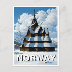 Norway Stave Church Winter Travel Postcard