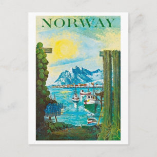 Norway sun, boats on coast, mountains, vintage postcard