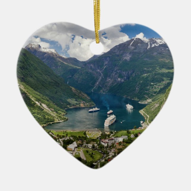 Norway view to Geiranger from Flydalsjuvet Ceramic Ornament (Front)