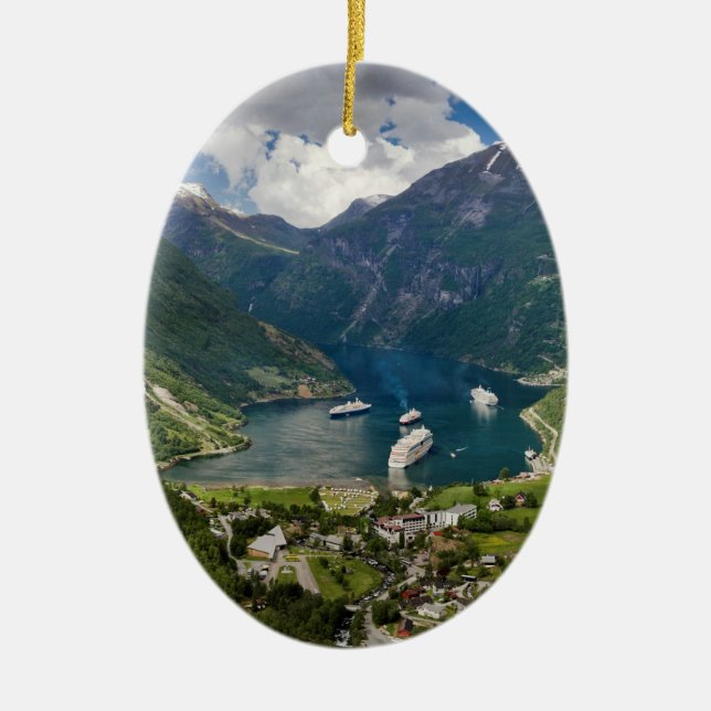 Norway view to Geiranger from Flydalsjuvet Ceramic Ornament (Front)